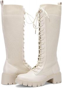 Женские сапоги Vepose 953 до колена с высокой платформой и широким каблуком, шнуровка, готические панк-сапоги для платьев и джинсов, Beige
