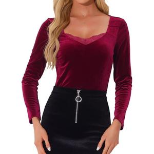 Женский бархатный топ с контрастными кружевными футболками с длинными рукавами и V-образным вырезом Элегантные футболки ALLEGRA K, цвет Wine Red