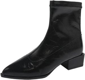 Женские зимние ботильоны из лакированной кожи с квадратным каблуком 3,5 см, современные повседневные туфли Generic, Black