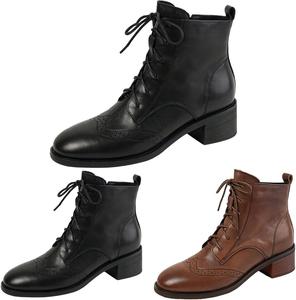 Женские боевые ботинки осенние, зимние кожаные ботильоны для женщин, оксфорды, нарядные ботинки на шнуровке с низким каблуком, удобные короткие ботильоны, модный острый носок, массивный каблук, боковая молния Generic, Black