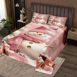 Erosebridal Розовый комплект постельного белья с новогодними снеговиками и зимними украшениями, White Pink