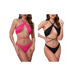2 комплекта женского купальника с перекрестными лямками и ребристым трикотажем, топ и треугольные трусики Inspire Chic, Black Rose Red