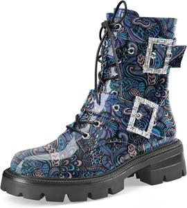Женские кожаные ботинки на платформе с рифленой подошвой, невысоким массивным каблуком, шнуровкой, пряжками и молнией, модные ботильоны Perisis, Blue Flower