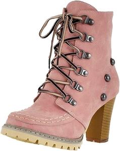 Женские ботильоны HOTRA с заклепками, модные, на шнуровке, с массивным высоким каблуком, повседневные зимние замшевые ботинки (Цвет: желтый, Размер: 5.5 US), 5.5 Pink