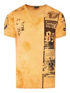 Стираная байкерская футболка с принтами спереди и сзади верблюжьего цвета Rusty Neal