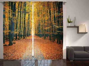 Шторы ABAKUHAUS "Рустикальный лес", "Романтическая аллея", универсальные ленточные шторы для гостиной с петлями и крючками, 280 x 225 см, цвет: желто-оранжевый, сланцево-синий Abakuhaus