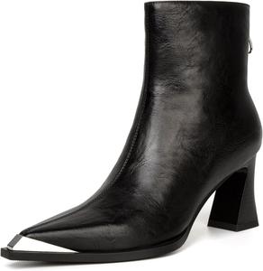 Женские ботильоны с острым носком, металлической кожаной боковой молнией и массивным каблуком, удобные осенние короткие ботинки Bouwno, Black Metal Toe