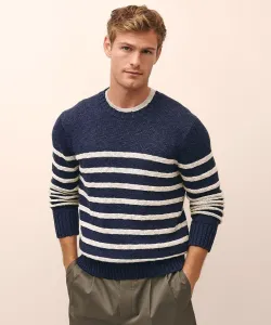 Хлопковый/льняной свитер с круглым вырезом в морскую полоску