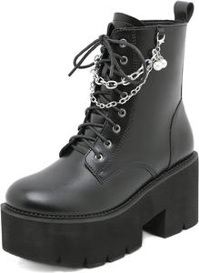 GooMaShoes Женские черные ботильоны на массивном каблуке в готическом стиле, готические эмо ботинки на высоком каблуке, панк-рейв обувь на платформе с шнуровкой