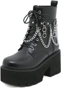 No Brand Женские черные ботильоны на платформе и скрытой клиновидной подошве с шнуровкой, готические, с цепочкой, панк, байкерские, на массивном каблуке, с металлическими заклепками, армейский стиль (Цвет: Черный6, Размер: 5 US)