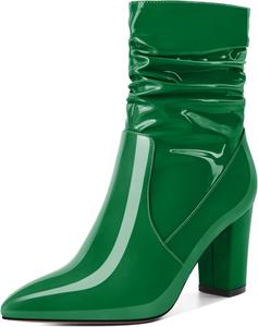 Женские свободные ботильоны Mettesally с высокими массивными каблуками, заостренным носком, боковой молнией, каблук 3,5 дюйма, полусапожки для платья, Patent Green