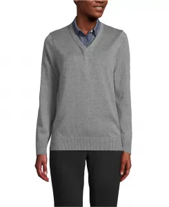 Унисекс свитер с V-образным вырезом из хлопка и модала Lands' End, серый