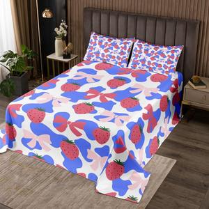 Erosebridal Комплект постельного белья с розовыми бантами и клубничным принтом в стиле кавай, Blue Red White