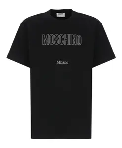 Черная хлопковая футболка с логотипом, украшенным стразами. Moschino, черный