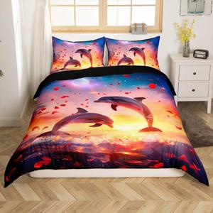 Erosebridal Комплект постельного белья Dolphin Duvet Cover для детей с 3D принтом дельфинов и морской тематикой в красных тонах, Black Purple