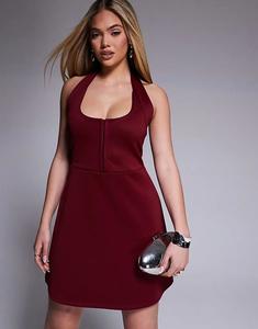 Мини-платье ASOS DESIGN с глубоким вырезом и отделкой на крючках, выполненное из ткани в стиле «скуба», винного цвета