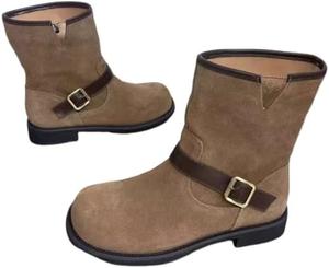 Женские замшевые ботинки до середины голени с пряжкой, с круглым носком и массивным невысоким каблуком, повседневные ботильоны для осени и зимы Generic, Brown