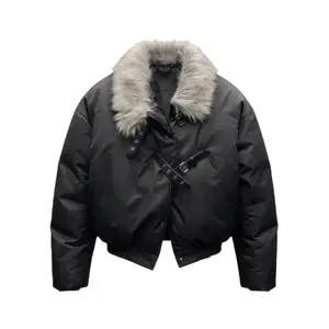 X1617 Пуховик Unisex Black с меховым воротником утепленный