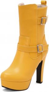 Женские сапоги ZQW средней длины с платформой и сверхвысоким каблуком, с пряжкой, утепленные мехом, кожаные зимние туфли для осени, модной вечеринки, выше колена, Yellow