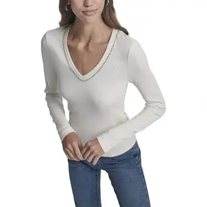 Футболка DKNY Rhinestone Long Sleeve V Neck, серый