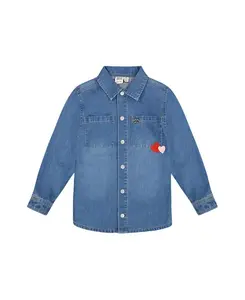 Джинсовая рубашка для девочек с накладными карманами и рисунком яблони - для детей постарше. Deux Par Deux, синий