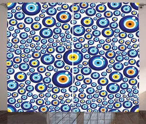 Штора ABAKUHAUS "Сглаз", в деревенском стиле, турецкая традиционная, универсальная, с петлями и крючками, для гостиной, 280 x 245 см, сине-оранжево-желтая Abakuhaus