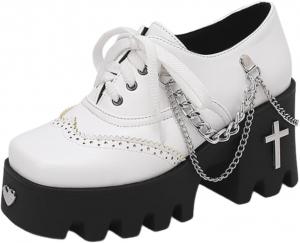 Женские массивные каблуки с панк-ремешком на щиколотке, круглым носом, легкие туфли-готи с платформой Мэри Джейн, каблуки с пряжкой и цепочкой Lexamen, White