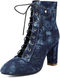 Женские ботильоны с заостренным носком и широким каблуком, на шнуровке, из денима, с боковой молнией, уличный стиль, на все сезоны Hhhchpm, Darkblue