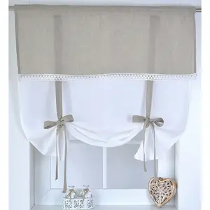 Короткая римская штора Venezia с продеванием на карниз, гардина белого природного цвета, лен, непрозрачная, с кружевом Kutti, натуральный/белый/бежевый