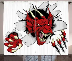 Штора ABAKUHAUS Дракон в деревенском стиле, ретро-мультяшный поп-арт, присборенная тесьма для спальни с петлями и крючками, 280 x 245 см, цвет: рубиново-бледно-серый кремовый Abakuhaus