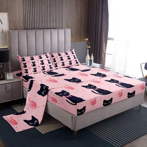 Erosebridal Комплект постельного белья Black Kitten с розовыми бантами и котиками, Pink Black