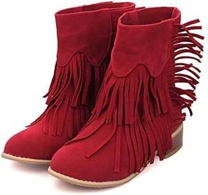Женские замшевые ковбойские ботильоны с бахромой, на низком массивном каблуке, зимние, слипоны, повседневные винтажные короткие ботильоны с бахромой Generic, Red