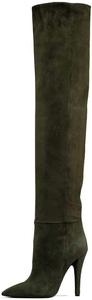 FSJ Женские сексуальные ботфорты выше колена на конусообразном высоком каблуке, эластичные зимние туфли для платья, размер, Olive