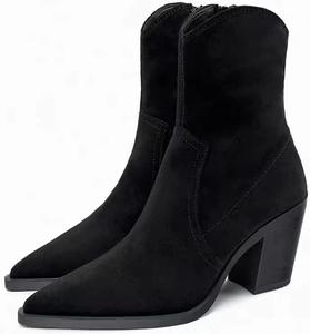 Женские замшевые вестерн-казачьи ботильоны на щиколотку с массивным каблуком, зауженным носком, удобные, легко надеваемые, осенние, короткие ботинки-Челси для повседневного шопинга и работы MELGONMG, Black