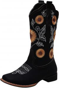 Женские ковбойские сапоги до середины голени с вышивкой подсолнухов, модные сапоги для верховой езды, женские вестерн-ботильоны с квадратным носком, низким массивным каблуком и удобным надеванием LJCFSDL, Black