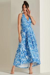 Платье макси с глубоким вырезом и присборенной спиной Jolie Moi, синий