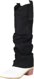 Уникальные женские сапоги до колена на складке, джинсовые, с массивным каблуком, заостренным носком, в стиле вестерн-ковбой, с широким голенищем, модные повседневные сапожки на зиму Uniquelly, Black