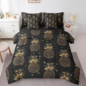 Erosebridal Комплект постельного белья Pineapple King с абстрактным тропическим принтом, реверсивный, из качественного материала с золотыми вкраплениями, Gold Black