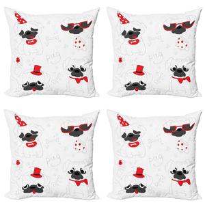 ABAKUHAUS Набор чехлов на подушки для мопсов (4 предмета), мопс Happy Sad Cool Dogs, современная двусторонняя цифровая печать, 45 см x 45 см, черный, красный, белый