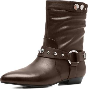 Ботильоны Olomisa для женщин с заостренным носком, плоским каблуком, заклепками и ремешком, на молнии, Chocolate