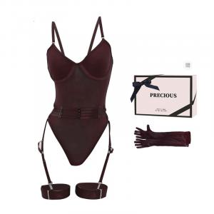 Женский боди TLXT, Black[Jumpsuit+Corset Belt+Leg Rings+Gloves]+[Box]