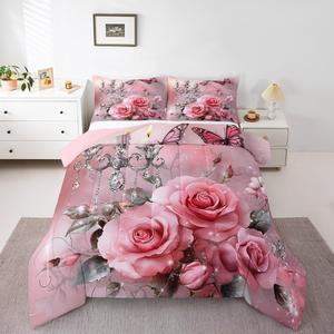 Erosebridal Комплект постельного белья Pink Rose с цветочным принтом и бабочками, легкий материал, Pink Silver