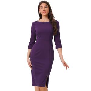 Женское элегантное платье-футляр миди с вырезом «лодочка» и рукавами 3/4 для работы ALLEGRA K, фиолетовый