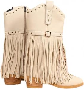 Женские западные ковбойские сапоги средней длины, ретро дизайн с бахромой и заклепками, заостренный носок, массивный каблук, модные сапожки на осень и зиму LokoLucx, White