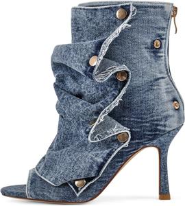 Женские джинсовые ботильоны с открытым носком и высоким каблуком - 9 см шпилька, свободная посадка, с декоративной пуговицей, модные ботильоны с открытым носком для вечеринки, прогулок по улице Pinokino, Blue