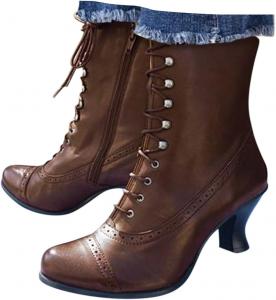 Сапоги ведьмы для женщин. Винтажные Викторианские сапоги. Зашнуровать боковую молнию. Свадебные ботильоны. Милый бант. Костюмы для косплея. Пинетки. Удобные туфли до середины икры. Готические персонажи. JYSwoshoe, Brown-C