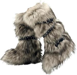 Женские зимние сапоги Y2K до бедра с искусственным мехом, высокие плюшевые снежные ботинки, панк, с пряжками и заклепками, готический стиль Keridean, B-Light-Gray