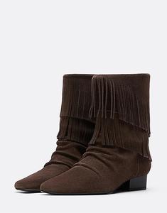 Ботильоны Stradivarius Flat из кожи с бахромой коричневого цвета