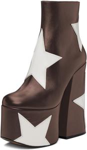 Женские ботильоны YDN на высокой платформе с закрытым носком и боковой молнией, с нашивкой в виде звезды, на широком высоком каблуке, для вечеринок и повседневной носки, размеры 4-16 US, Brown