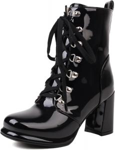 Женские байкерские ботинки с лакированной отделкой на шнуровке, каблук-блок, платформа Renessmi, Black